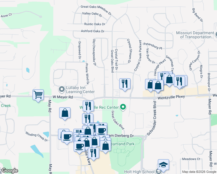 map of restaurants, bars, coffee shops, grocery stores, and more near 35 Raleigh Ct in Wentzville