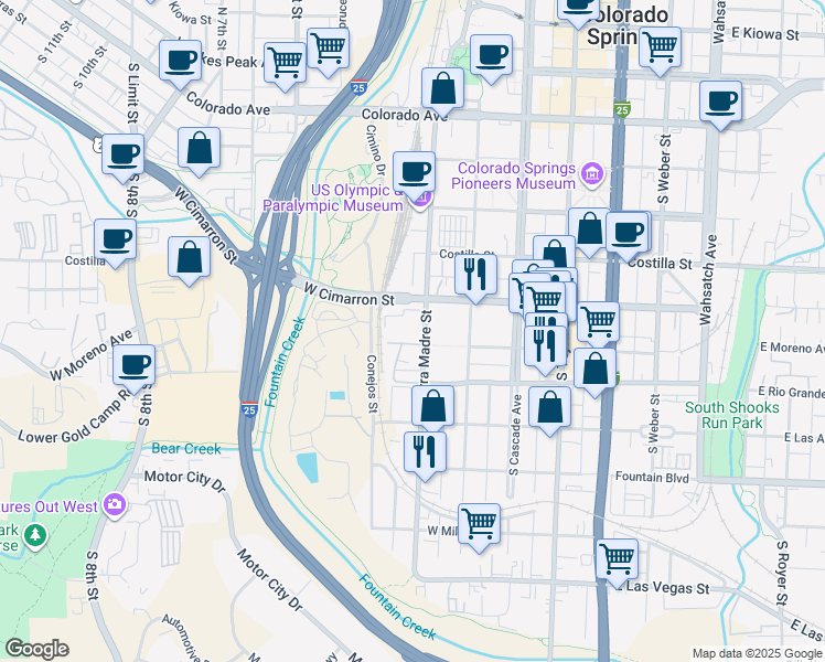 map of restaurants, bars, coffee shops, grocery stores, and more near 514 South Sierra Madre Street in Colorado Springs