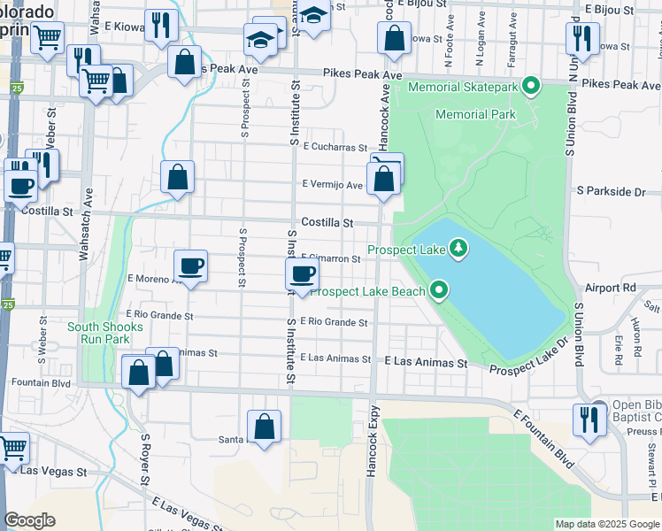 map of restaurants, bars, coffee shops, grocery stores, and more near 941 East Cimarron Street in Colorado Springs