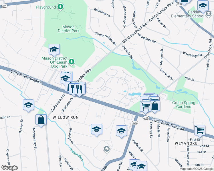 map of restaurants, bars, coffee shops, grocery stores, and more near 6513 Medinah Lane in Alexandria