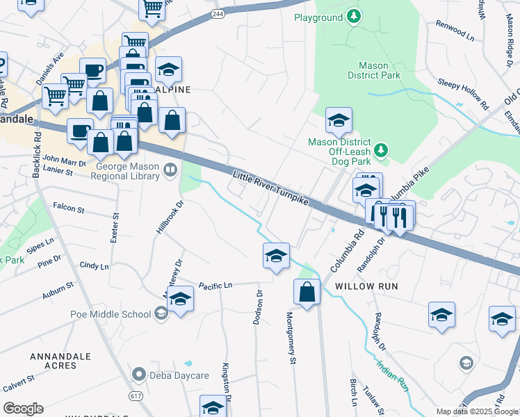map of restaurants, bars, coffee shops, grocery stores, and more near 4526 Little River Run Drive in Annandale