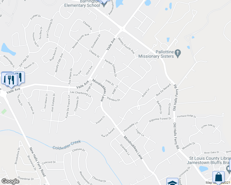 map of restaurants, bars, coffee shops, grocery stores, and more near 3644 Vago Lane in Florissant