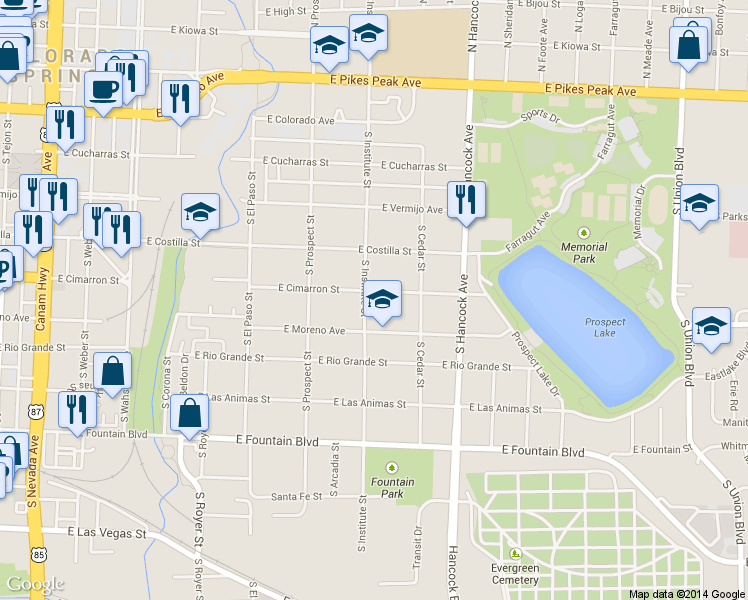 map of restaurants, bars, coffee shops, grocery stores, and more near 905 E Cimarron St in Colorado Springs