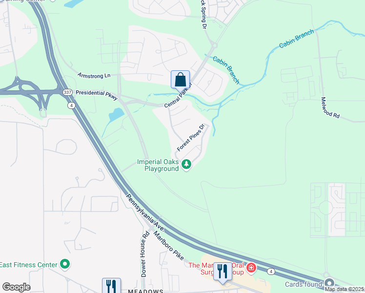 map of restaurants, bars, coffee shops, grocery stores, and more near 4605 Forest Pines Drive in Upper Marlboro