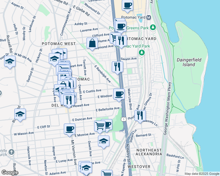 map of restaurants, bars, coffee shops, grocery stores, and more near 504 East Custis Avenue in Alexandria