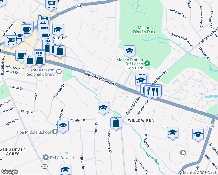 map of restaurants, bars, coffee shops, grocery stores, and more near 4533 Logsdon Drive in Annandale
