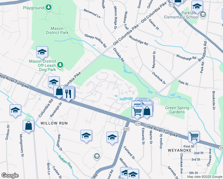 map of restaurants, bars, coffee shops, grocery stores, and more near 6527 Kemper Lakes Court in Alexandria