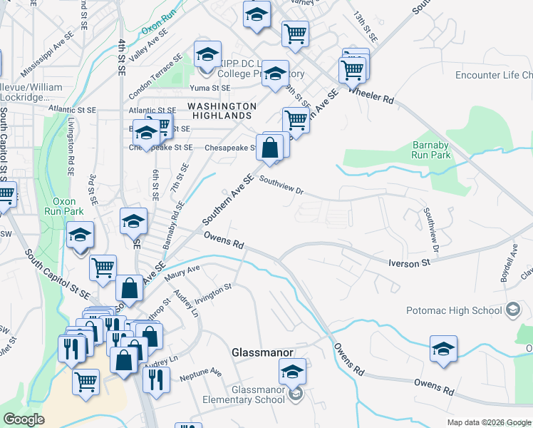 map of restaurants, bars, coffee shops, grocery stores, and more near 4705 Snowflower Boulevard in Oxon Hill