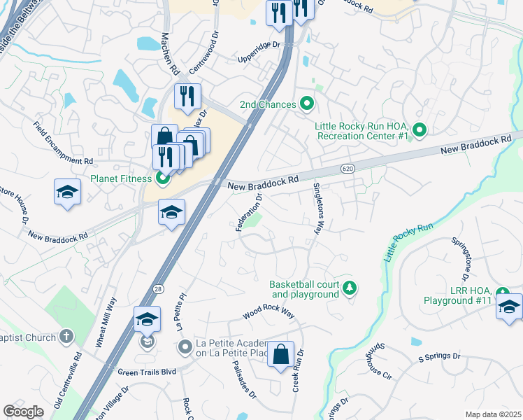 map of restaurants, bars, coffee shops, grocery stores, and more near 14097 Winding Ridge Lane in Centreville