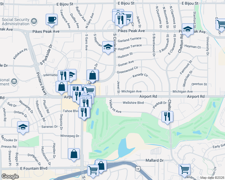 map of restaurants, bars, coffee shops, grocery stores, and more near 2902 Airport Road in Colorado Springs