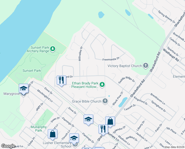 map of restaurants, bars, coffee shops, grocery stores, and more near 2145 Kingsford Drive in Florissant