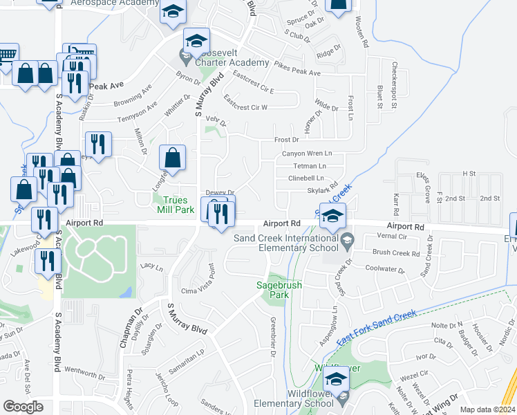 map of restaurants, bars, coffee shops, grocery stores, and more near 326 Bonnie Court in Colorado Springs