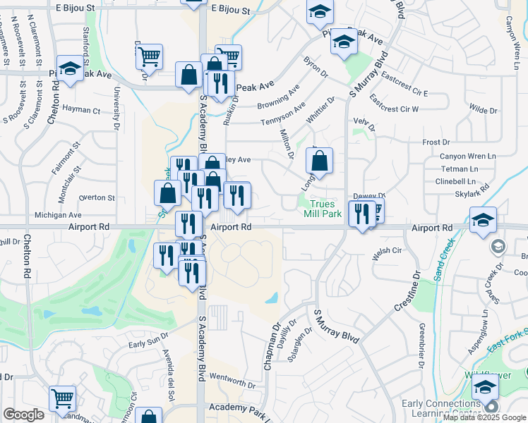 map of restaurants, bars, coffee shops, grocery stores, and more near 4020 Ruskin Way in Colorado Springs