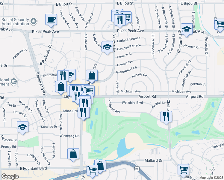map of restaurants, bars, coffee shops, grocery stores, and more near 2902 Airport Road in Colorado Springs