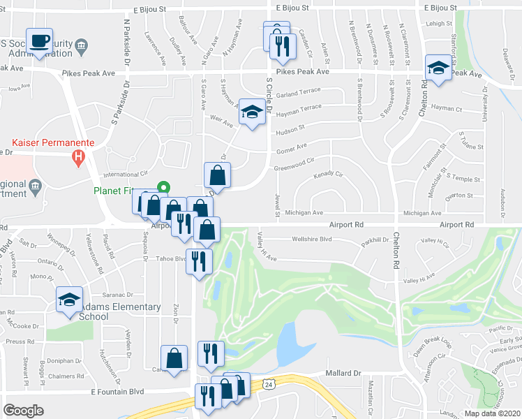 map of restaurants, bars, coffee shops, grocery stores, and more near 2902 Airport Road in Colorado Springs