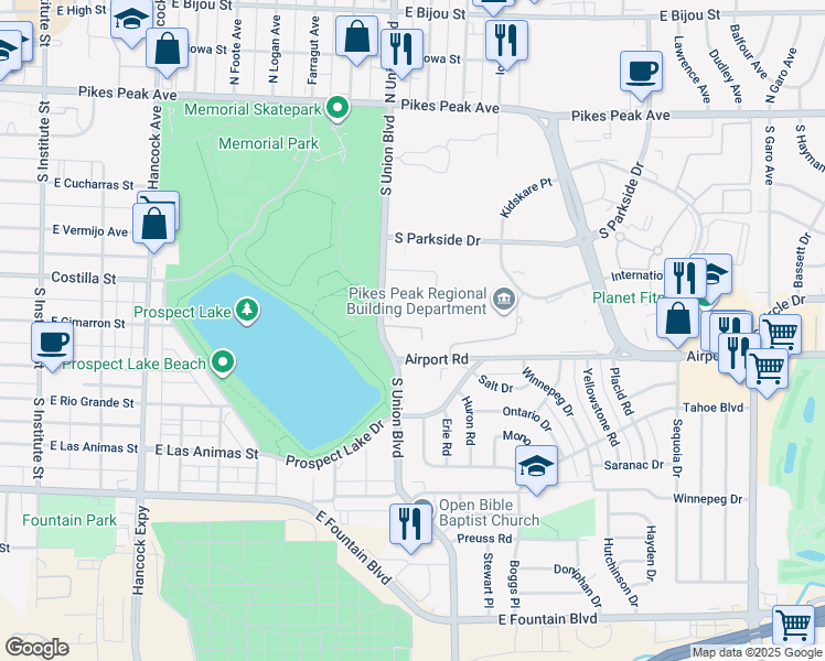 map of restaurants, bars, coffee shops, grocery stores, and more near 355 South Union Boulevard in Colorado Springs