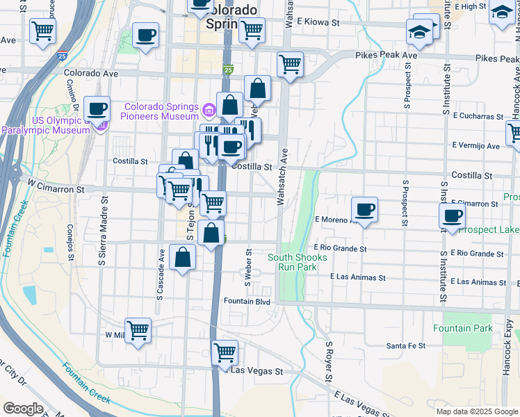 map of restaurants, bars, coffee shops, grocery stores, and more near 505 South Weber Street in Colorado Springs