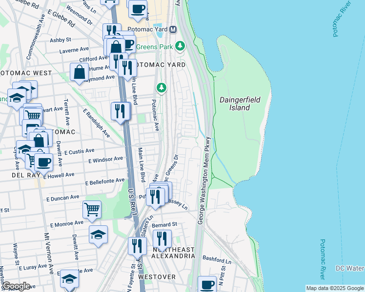 map of restaurants, bars, coffee shops, grocery stores, and more near 717 Hawkins Way in Alexandria