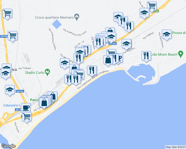 map of restaurants, bars, coffee shops, grocery stores, and more near 15 Via Amerigo Vespucci in Catanzaro