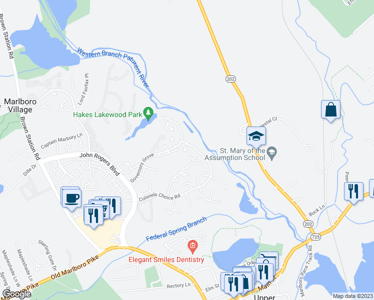 map of restaurants, bars, coffee shops, grocery stores, and more near 4514 Colonel Gardiner Court in Upper Marlboro