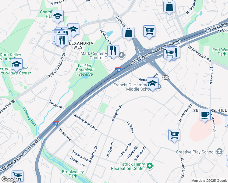 map of restaurants, bars, coffee shops, grocery stores, and more near 1469 North Van Dorn Street in Alexandria