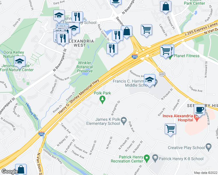 map of restaurants, bars, coffee shops, grocery stores, and more near 1443 North Van Dorn Street in Alexandria