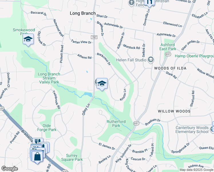 map of restaurants, bars, coffee shops, grocery stores, and more near 9301 Woodfield Street in Fairfax