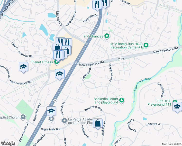 map of restaurants, bars, coffee shops, grocery stores, and more near 14097 Winding Ridge Lane in Centreville