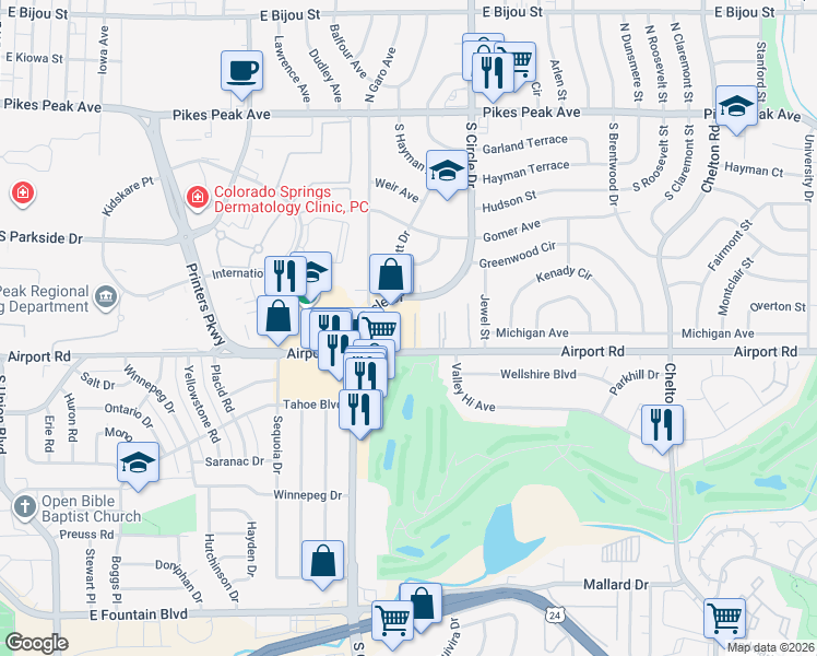 map of restaurants, bars, coffee shops, grocery stores, and more near 2780 Airport Road in Colorado Springs