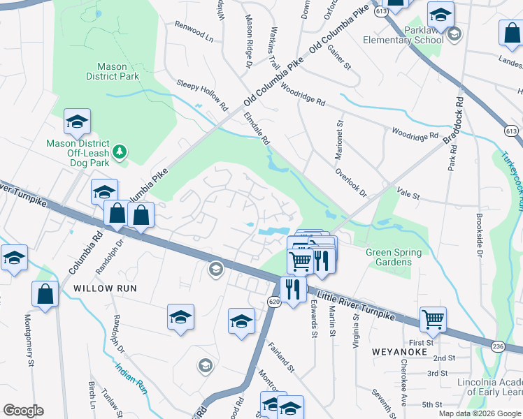 map of restaurants, bars, coffee shops, grocery stores, and more near 6550 Gretna Green Way in Alexandria