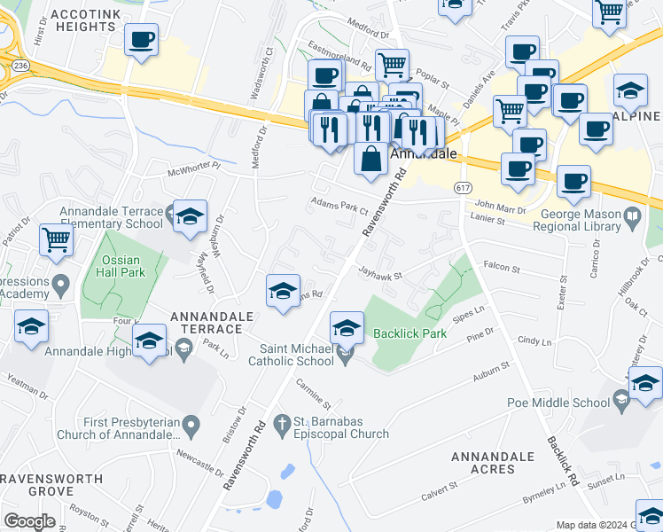 map of restaurants, bars, coffee shops, grocery stores, and more near 4482 Ruggles Court in Annandale