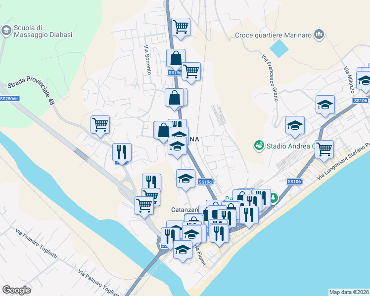 map of restaurants, bars, coffee shops, grocery stores, and more near 314 Via Cattaneo Carlo in Catanzaro