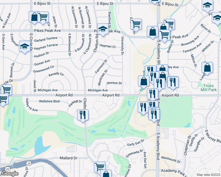 map of restaurants, bars, coffee shops, grocery stores, and more near 3660 Michigan Avenue in Colorado Springs