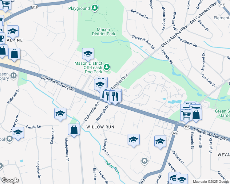 map of restaurants, bars, coffee shops, grocery stores, and more near 6614 Jupiter Hills Circle in Alexandria
