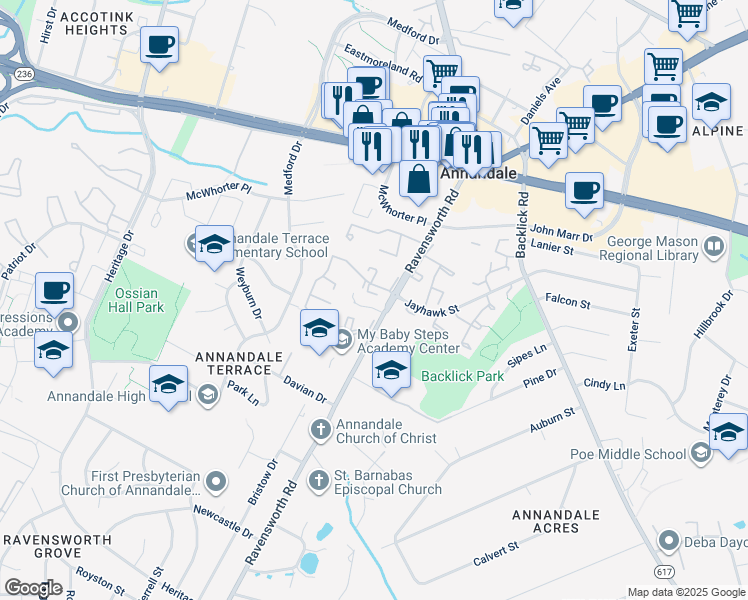 map of restaurants, bars, coffee shops, grocery stores, and more near 4482 Ruggles Court in Annandale