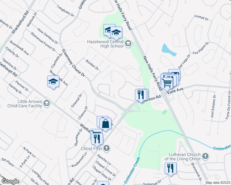 map of restaurants, bars, coffee shops, grocery stores, and more near 704 Liberty Village Drive in Florissant