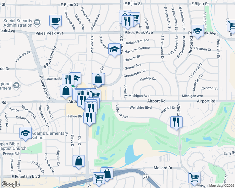 map of restaurants, bars, coffee shops, grocery stores, and more near 2902 Airport Road in Colorado Springs