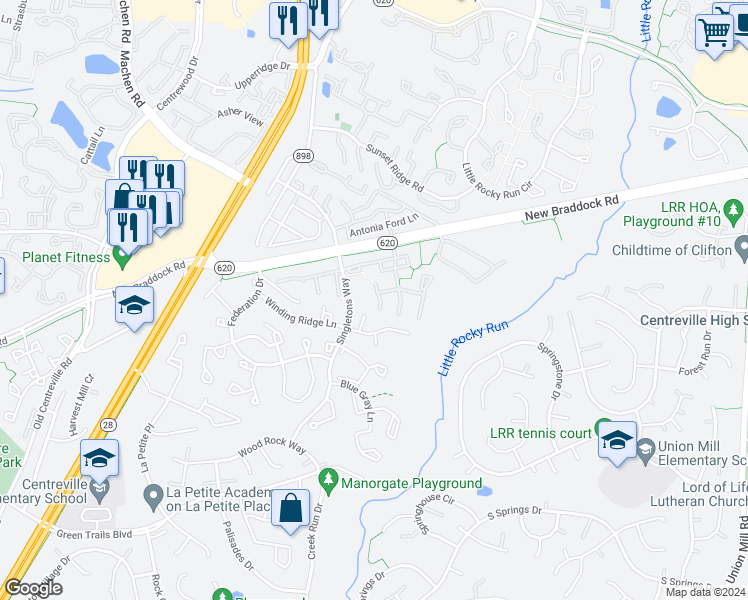 map of restaurants, bars, coffee shops, grocery stores, and more near 13938 Preacher Chapman Place in Centreville