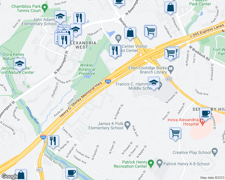 map of restaurants, bars, coffee shops, grocery stores, and more near 1443 North Van Dorn Street in Alexandria