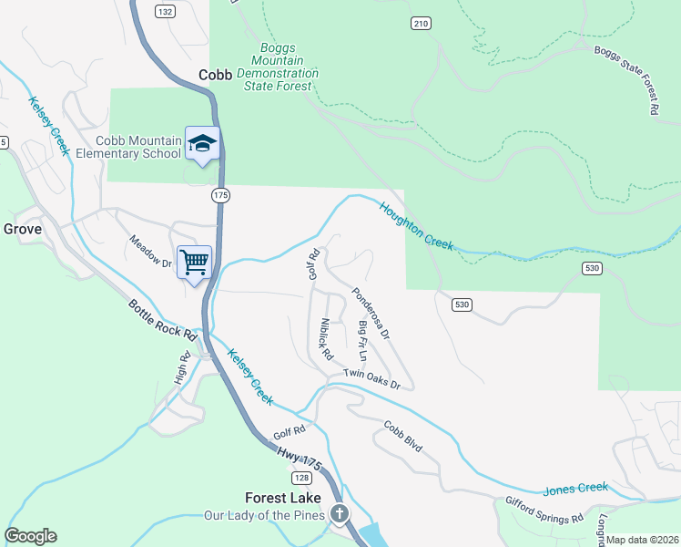 map of restaurants, bars, coffee shops, grocery stores, and more near 16190 Ponderosa Drive in Cobb
