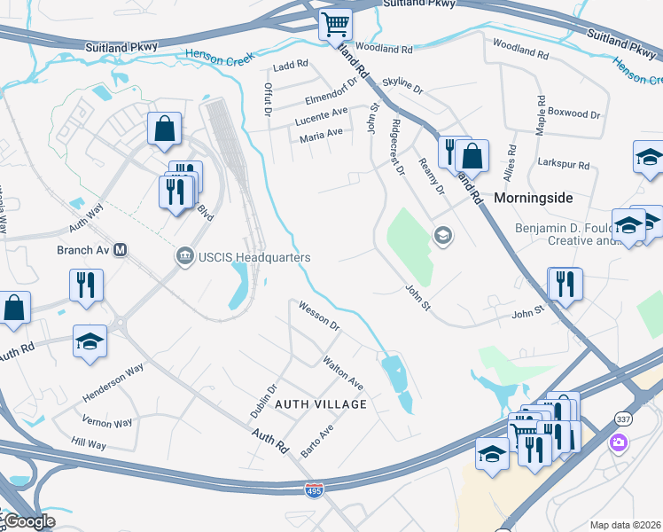 map of restaurants, bars, coffee shops, grocery stores, and more near 6101 Peggy Ann Court in Camp Springs