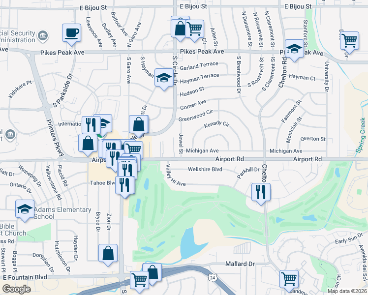 map of restaurants, bars, coffee shops, grocery stores, and more near 341 Jewel Street in Colorado Springs