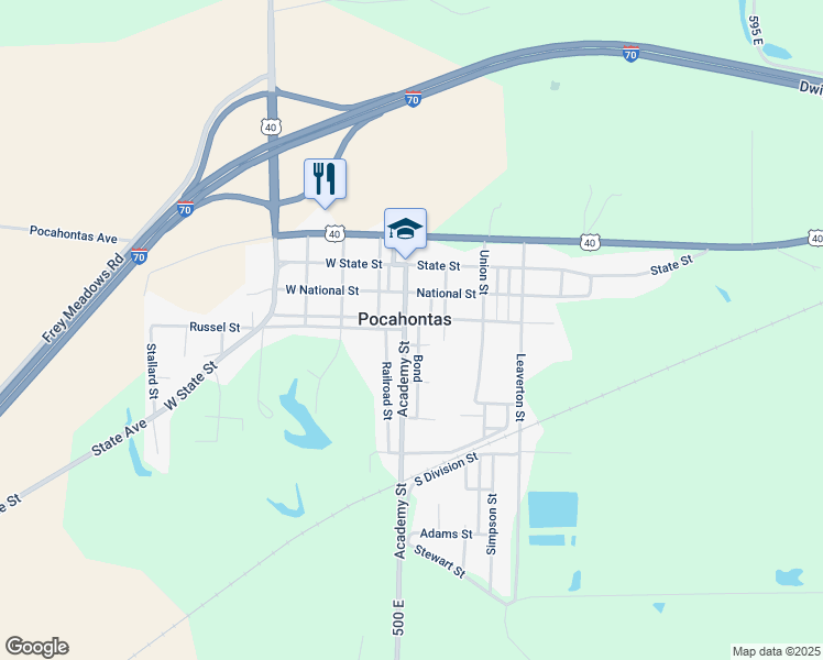 map of restaurants, bars, coffee shops, grocery stores, and more near 401 Jaycee Street in Pocahontas