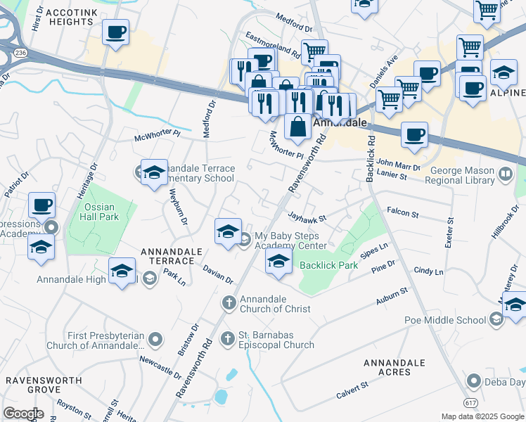 map of restaurants, bars, coffee shops, grocery stores, and more near 4476 Ruggles Court in Annandale