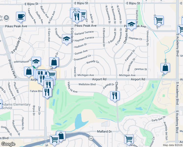 map of restaurants, bars, coffee shops, grocery stores, and more near 3226 Michigan Avenue in Colorado Springs