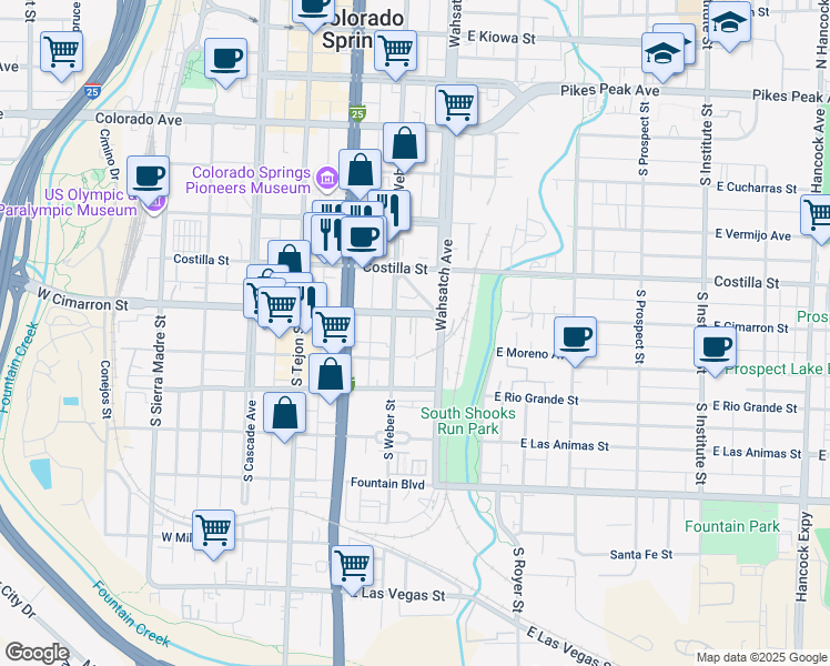 map of restaurants, bars, coffee shops, grocery stores, and more near 505 South Weber Street in Colorado Springs