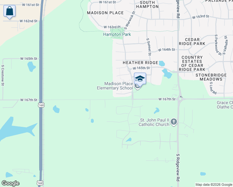 map of restaurants, bars, coffee shops, grocery stores, and more near 18947 West 166th Terrace in Olathe