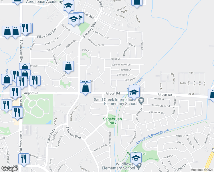 map of restaurants, bars, coffee shops, grocery stores, and more near 326 Bonnie Court in Colorado Springs