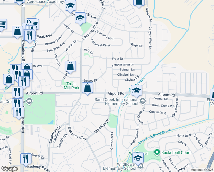 map of restaurants, bars, coffee shops, grocery stores, and more near 326 Bonnie Court in Colorado Springs