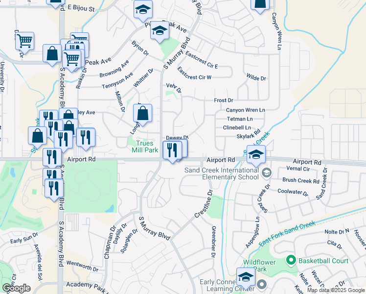 map of restaurants, bars, coffee shops, grocery stores, and more near 340 Gahart Drive in Colorado Springs